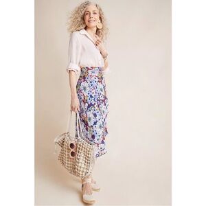 Maeve Anthropologie Sybil Wrap Midi Skirt M Floral Ruffle Hem Lined Cottagecore